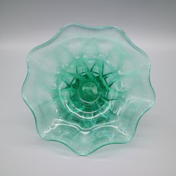 Vintage Green Marbled Swirl Glass Pedestal Bowl with Ruffled Edge, Footed Candy - Picture 4 of 6